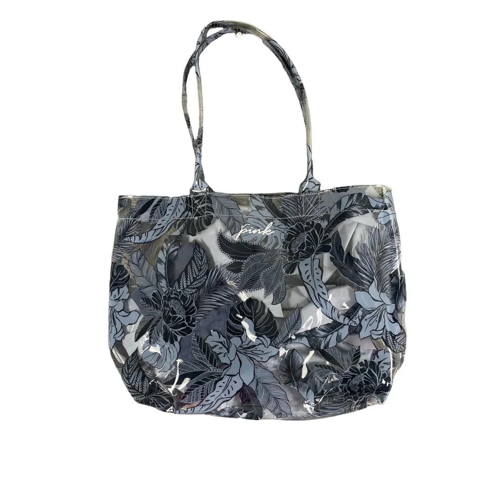 Victoria's Secret PINK Clear Tropical Floral Tote Bag Blue Beach Bag with Pouch - Picture 1 of 12